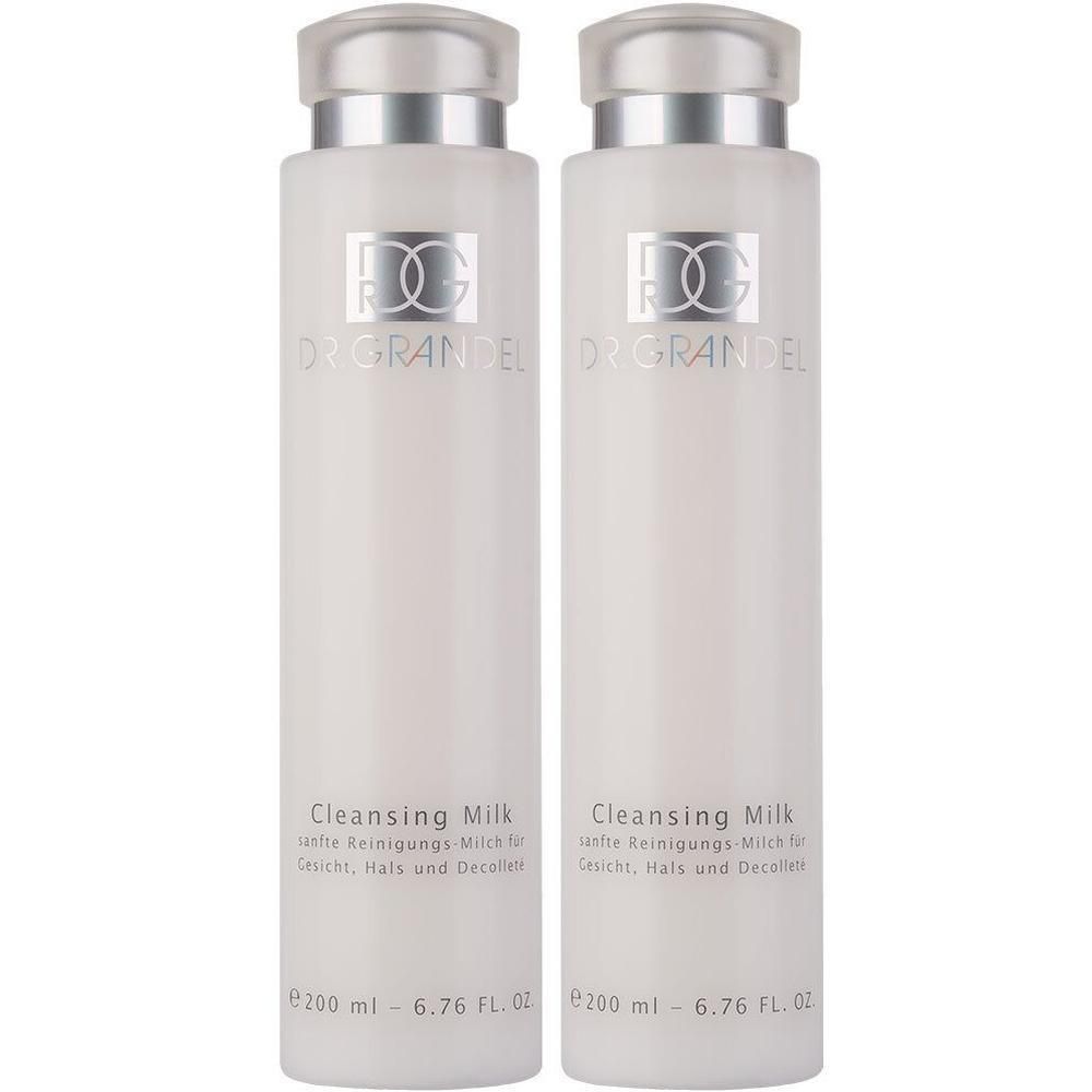 Zwei weiße Flaschen mit silbernen Deckeln. Auf jeder Flasche steht „DR. GRANDEL“ und „Cleansing Milk“. Text in Deutsch.