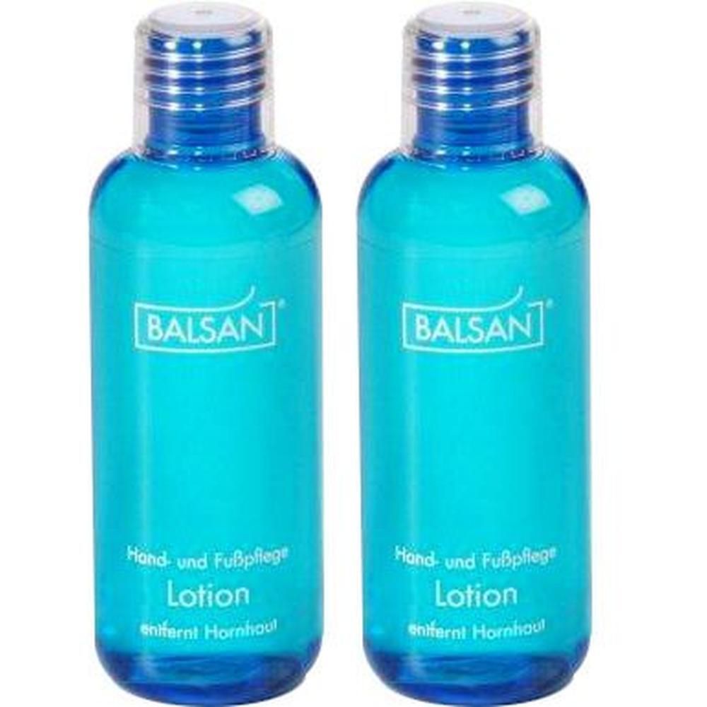 Zwei blaue Flaschen mit BALSAN-Logo. Aufschrift: Hand- und Fußpflege Lotion entfernt Hornhaut. Blaue Schraubverschlüsse.