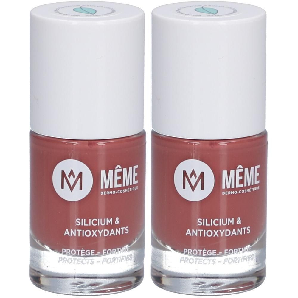 Zwei Flaschen MEME Silicium & Antioxidants Nagellack in Rosenholz.