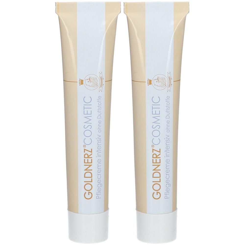 Zwei Tuben Creme. Beige-weißes Design mit Schriftzug GOLDNERZ COSMETIC. Text: Pflegecreme intensiv ohne Duftstoff. Weiße Kappen.