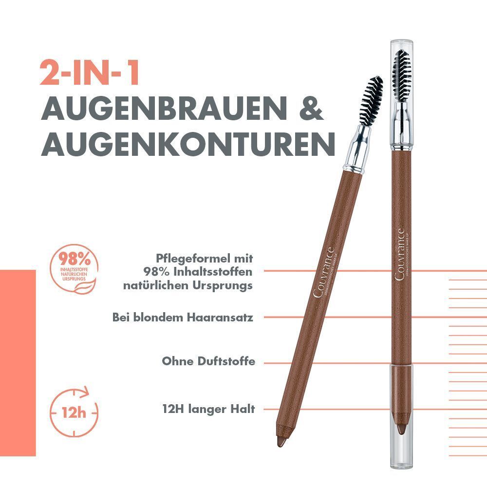 Augenbrauenstift mit Bürste. Aufschrift Couvrance. Text: 2-IN-1 Augenbrauen & Augenkonturen, 98% natürliche Inhaltsstoffe.