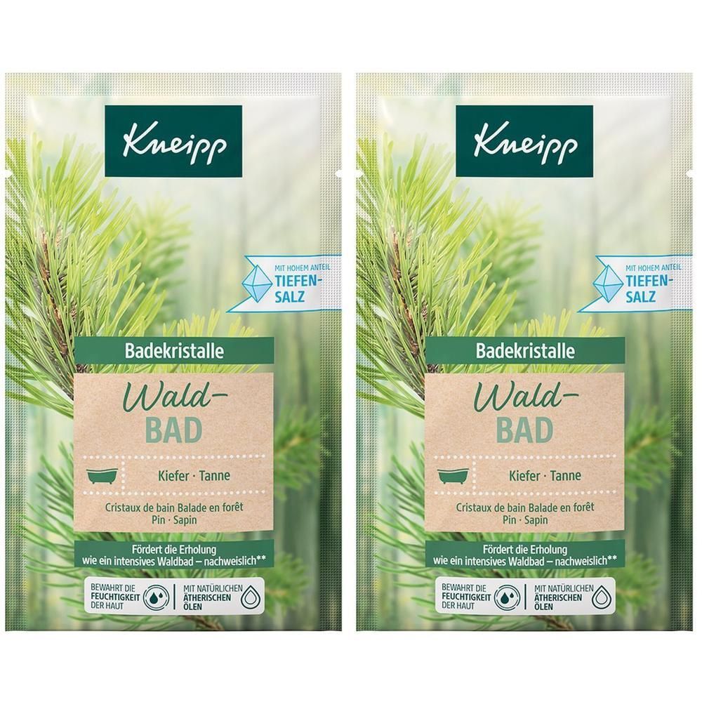 Zwei Beutel Kneipp Badekristalle Wald-Bad Kiefer-Tanne. Grün-weißes Design mit Kiefern-Motiv und Produktinformationen.