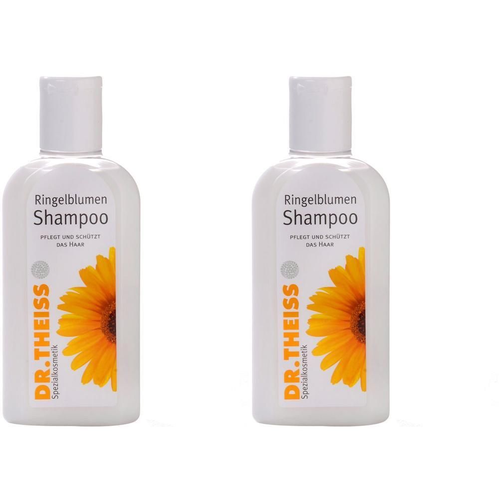 Zwei weiße Shampoo-Flaschen mit gelbem Sonnenblumen-Design. Aufschrift: Ringelblumen Shampoo, DR. THEISS.