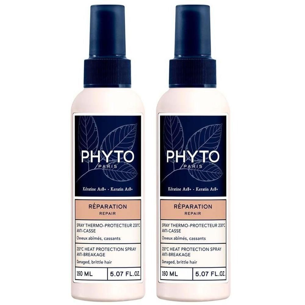 Zwei Sprühflaschen mit blauen Deckeln. Auf den Etiketten steht "PHYTO PARIS", "RÉPARATION" und "Spray Thermo-Protecteur 230°C".
