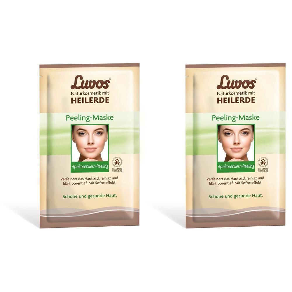 Zwei Beutel Luvos Heilerde Peeling-Maske. Verpackung mit Produktbild und Schriftzug.
