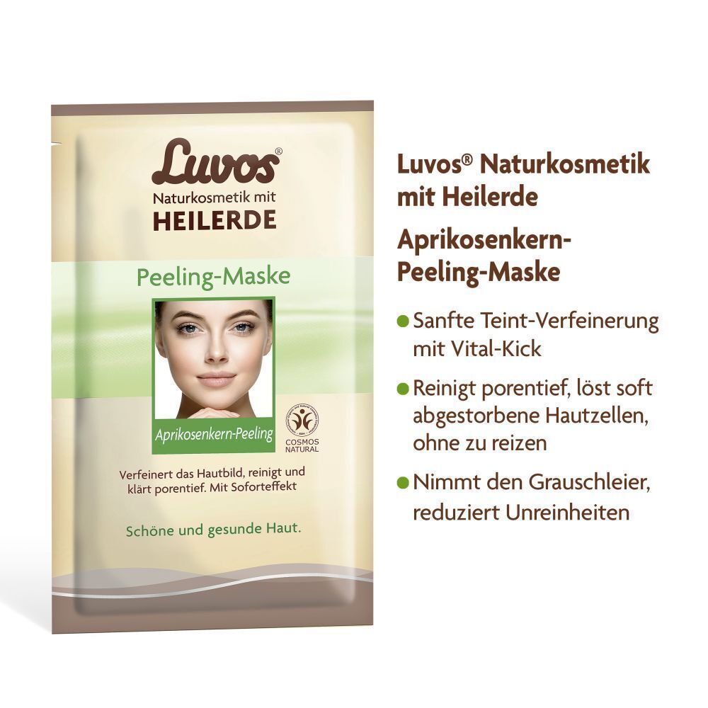 Luvos Heilerde Peeling-Maske. Produktbild und Text. Aufzählung von Produkteigenschaften.