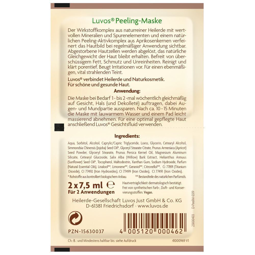 Rückseite der Luvos Heilerde Peeling-Maske. Text mit Inhaltsstoffen und Anwendungshinweisen.