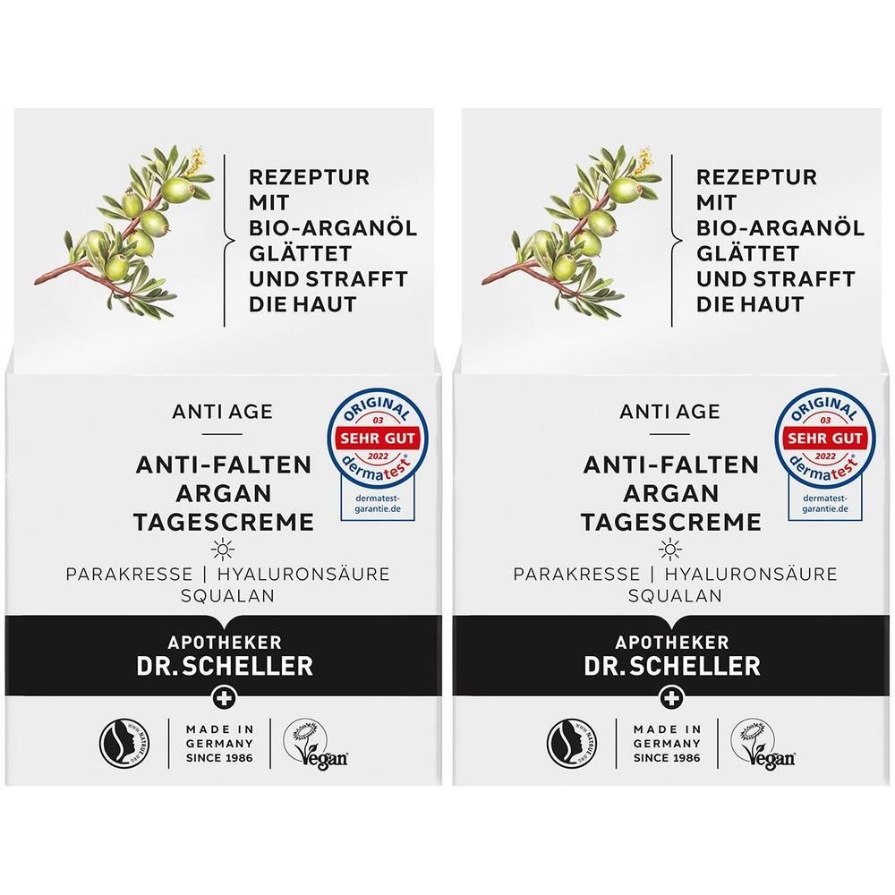 Zwei Faltschachteln. Aufschrift: ANTI-FALTEN ARGAN TAGESCREME, DR.SCHELLER. Mit Bio-Arganöl. Siegel: Sehr Gut.