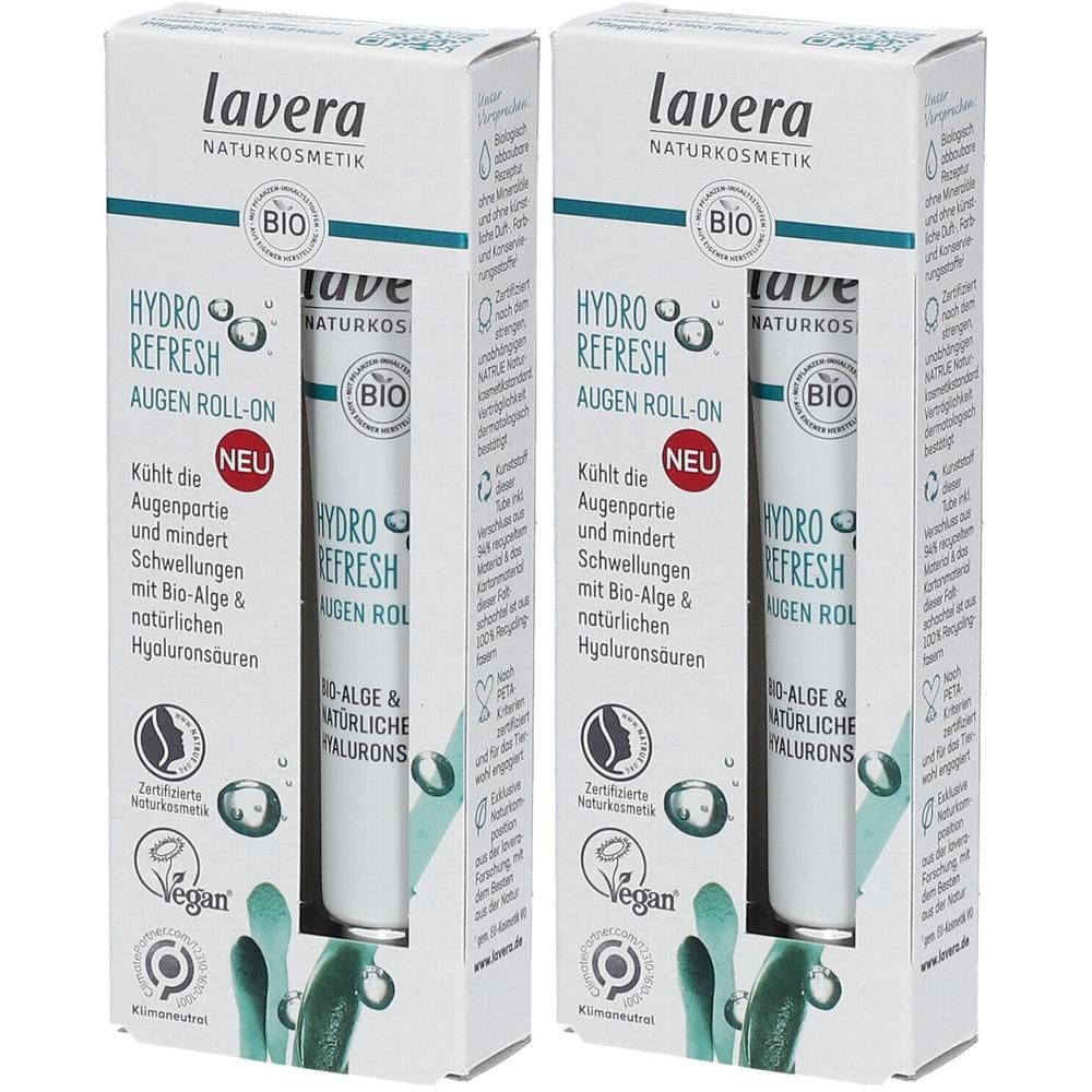 Zwei Packungen Augen Roll-on. Weiße Verpackung mit Produktnamen und Logo. Enthält Bio-Alge und Hyaluronsäuren. Vegan.