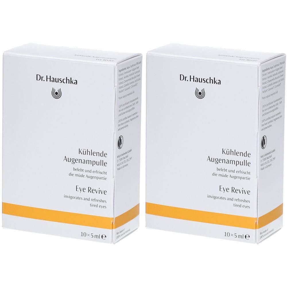 Zwei weiße Kartons mit gelbem Streifen. Aufschrift: Dr. Hauschka, Kühlende Augenampulle, Eye Revive. 10x5ml.