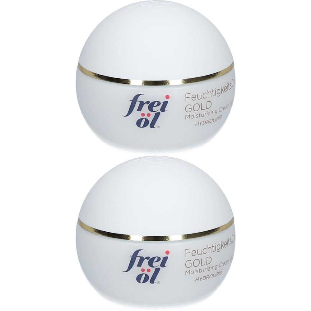 Zwei weiße, runde Tiegel mit goldfarbenem Rand. Aufschrift: frei öl, FeuchtigkeitsCreme GOLD, HYDROLIPID.