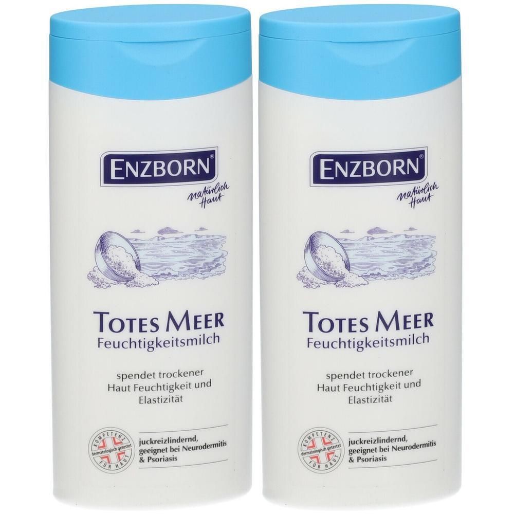 Zwei weiße Flaschen ENZBORN Totes Meer Feuchtigkeitsmilch mit blauem Deckel. Text: spendet trockener Haut Feuchtigkeit und Elastizität.