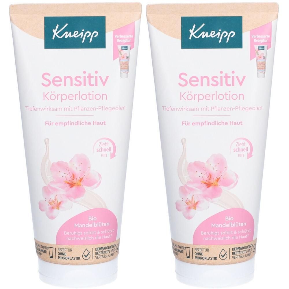 Zwei Tuben Körperlotion. Weiß, mit rosa und blauen Akzenten. Aufschrift: Kneipp, Sensitiv Körperlotion, Mandelblüten.