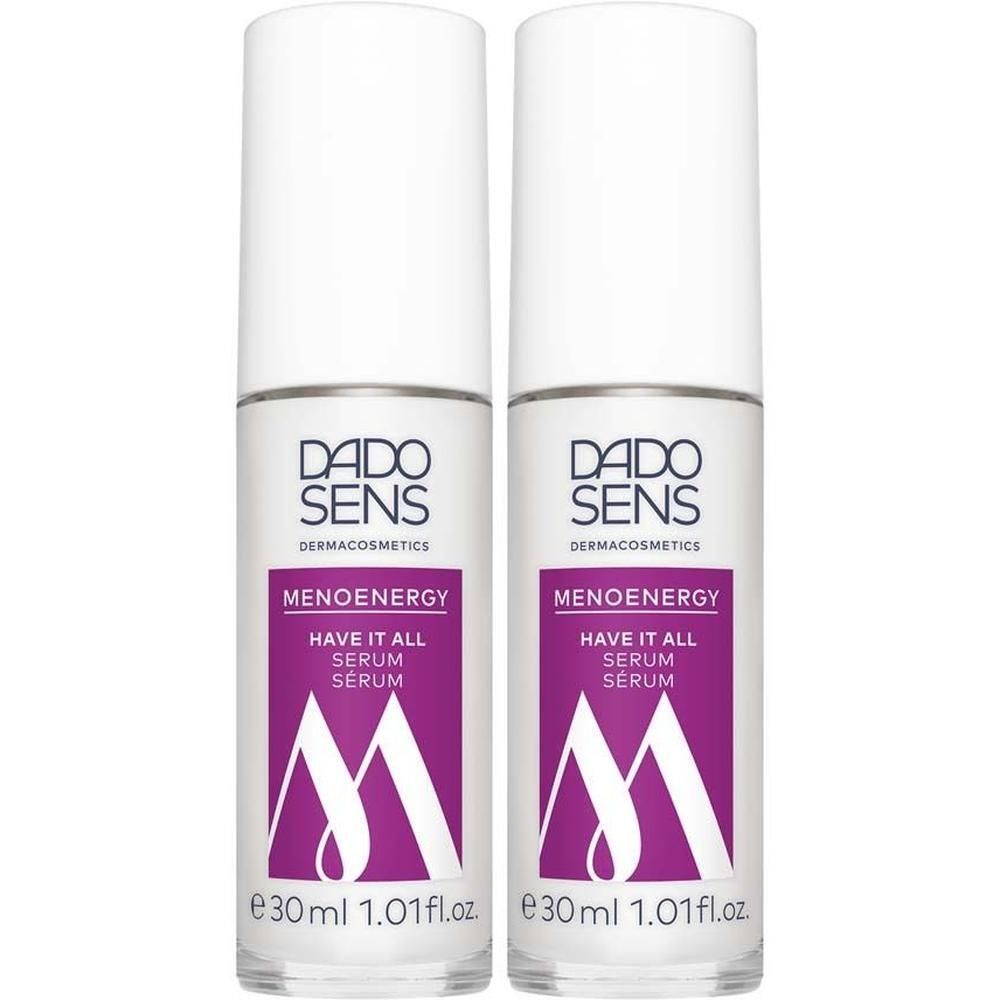 Zwei Flaschen DADO SENS Menoenergy Serum. Weiße Flaschen mit lila Etikett. Text: Menoenergy, Have It All Serum.