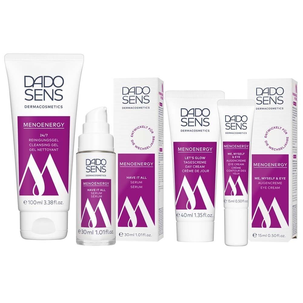 Verschiedene DADO SENS Produkte. Reiniger, Serum, Tagescreme, Augencreme. Text: Menoenergy.