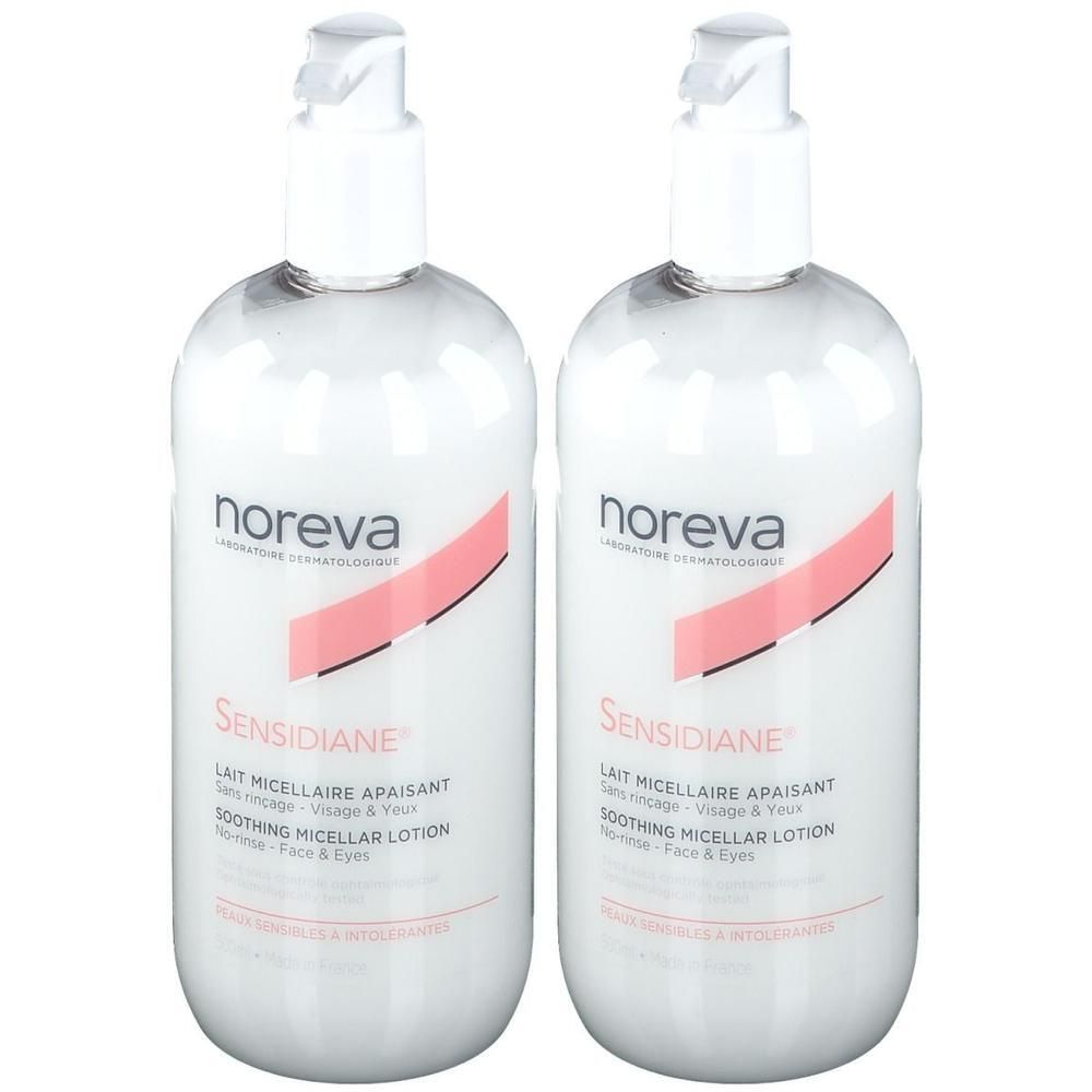 Zwei weiße Flaschen mit Pumpaufsatz. Auf jeder Flasche steht "noreva" und "Sensidiane". Text in Französisch und Englisch.