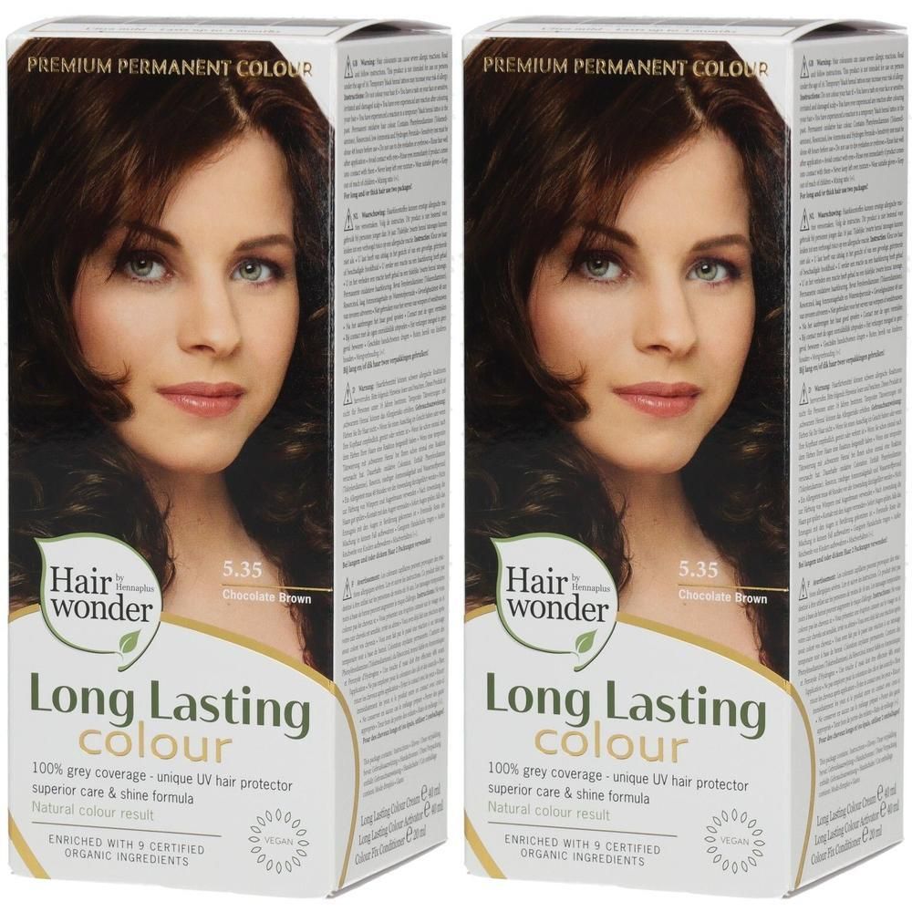 Zwei Packungen HENNAPLUS Long Lasting Haarfarbe. Aufdruck: 5.35 Chocolate Brown. Abgebildet ist ein Frauenporträt mit braunen Haaren.