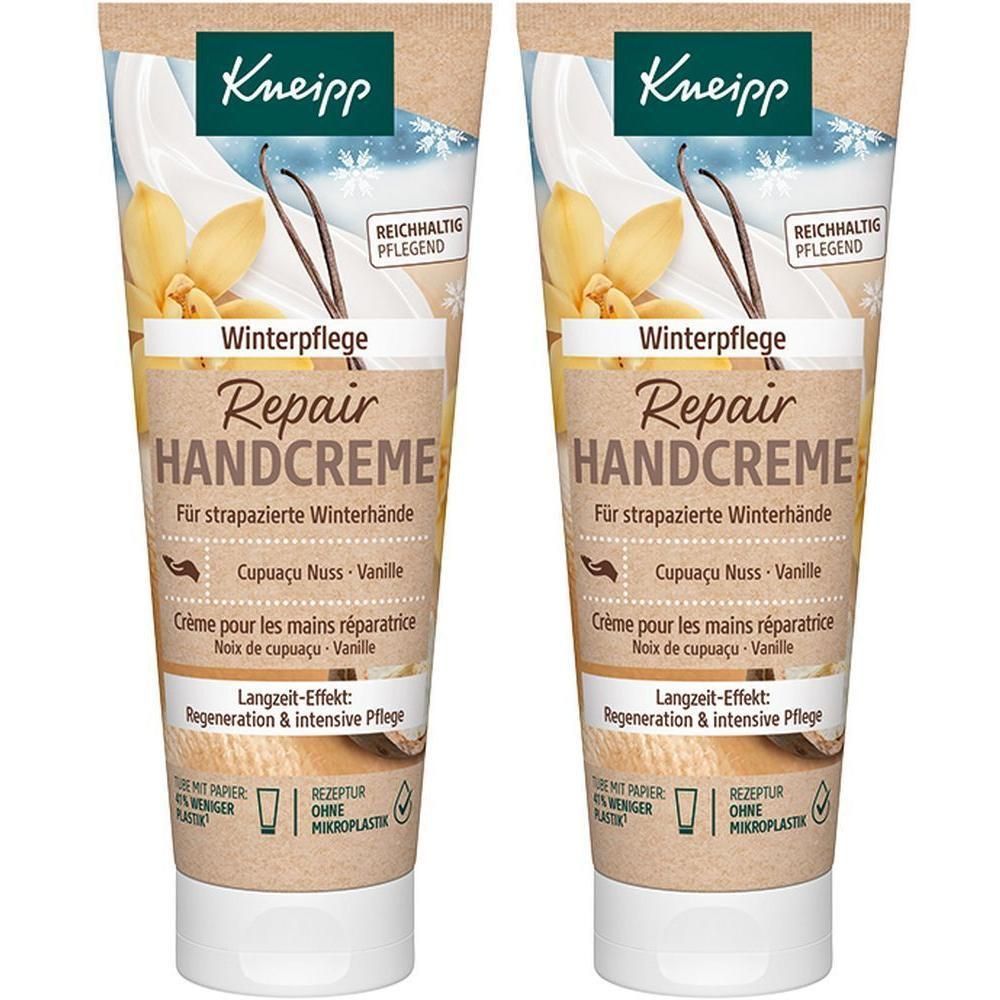 Zwei Tuben Kneipp Repair Handcreme Winterpflege. Beige Tube mit braunen Akzenten und Produktinformationen. Weißer Schraubverschluss.