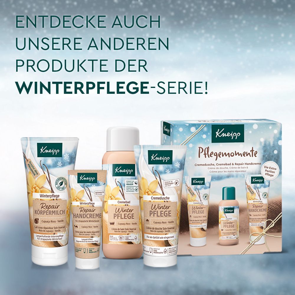 Verschiedene Kneipp Winterpflege Produkte. Handcreme, Körperlotion, Badezusätze. Auf blauem Hintergrund.