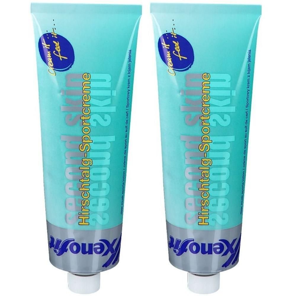 Zwei Tuben mit hellblauer Creme. Aufschrift: Second Skin Hirschtalg-Sportcreme. Marke: Xenofit. Weiße Verschlusskappe.