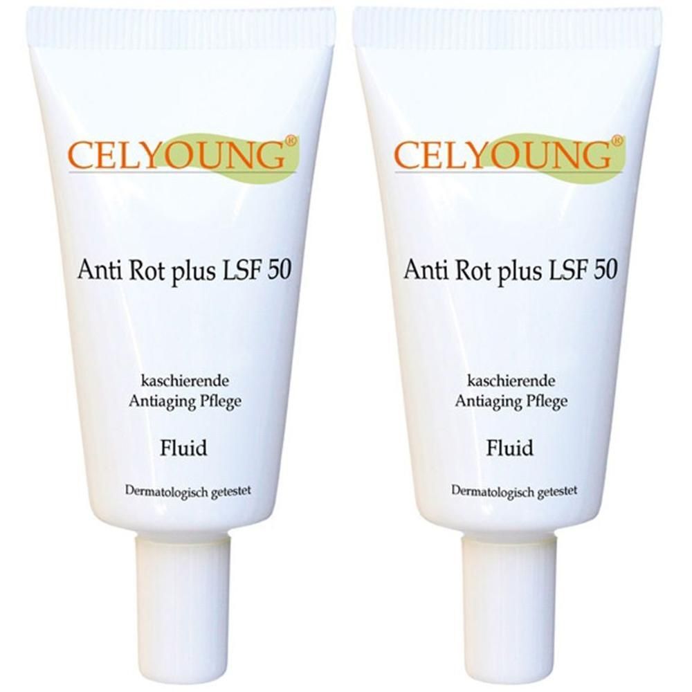 Zwei weiße Tuben mit Produkttext: CELYOUNG Anti Rot plus LSF 50. Aufschrift: kaschierende Antiaging Pflege, Fluid.