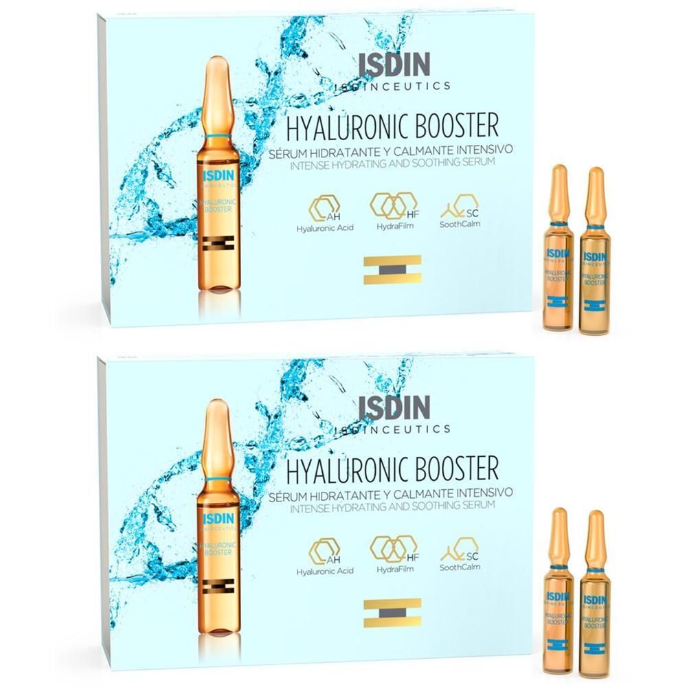 Zwei Kartons ISDINCEUTICS® Hyaluronic Booster Serum. Jede Packung enthält Ampullen. Aufschrift: Hyaluronic Booster.