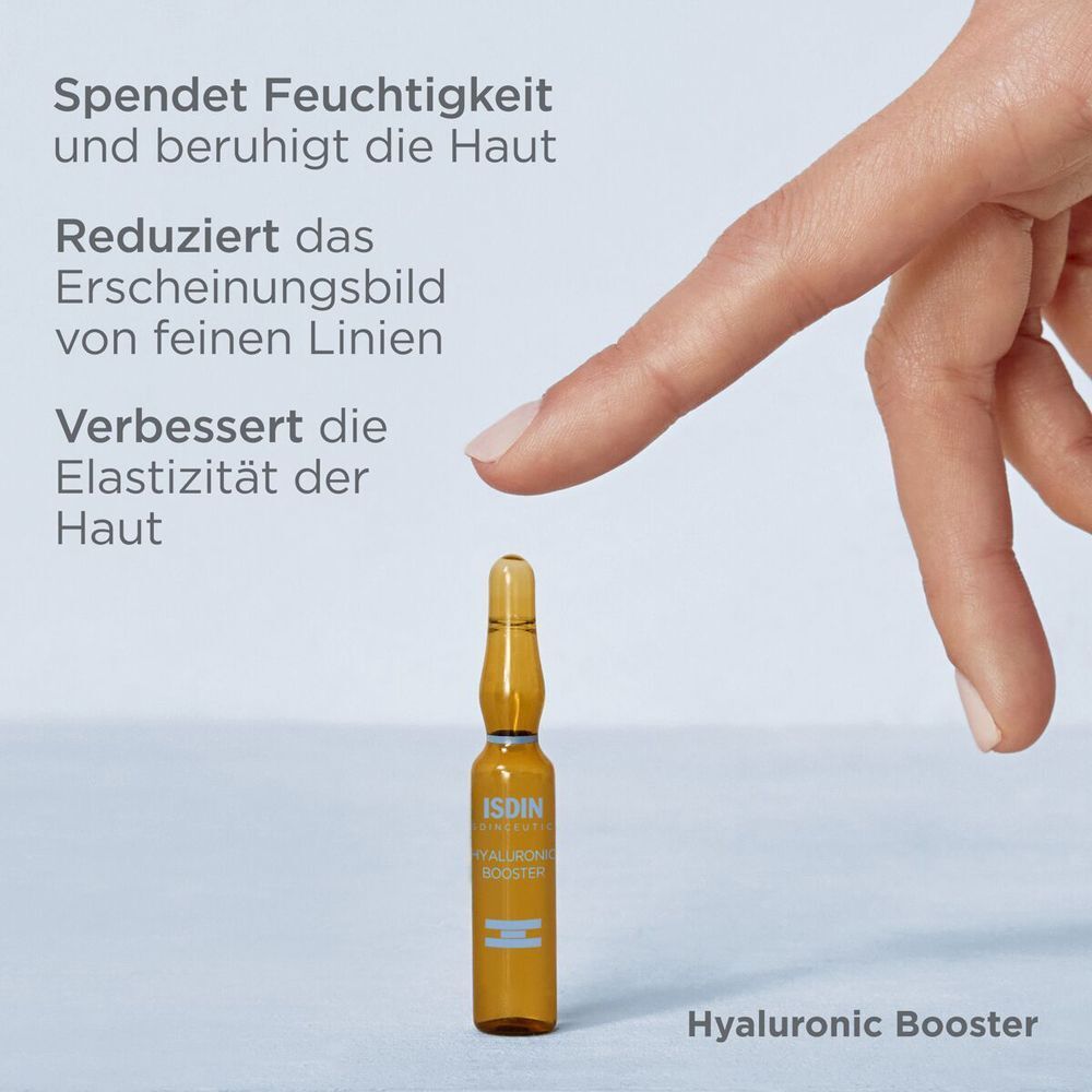 Ampulle ISDINCEUTICS® Hyaluronic Booster. Text: Spendet Feuchtigkeit, reduziert feine Linien, verbessert die Elastizität.