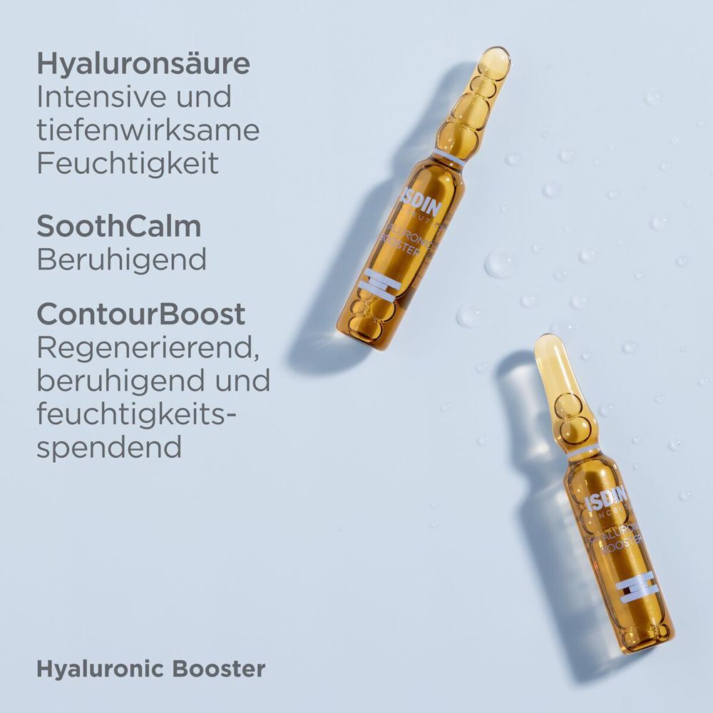 Zwei Ampullen ISDINCEUTICS® Hyaluronic Booster. Text: Hyaluronsäure, SoothCalm, ContourBoost.