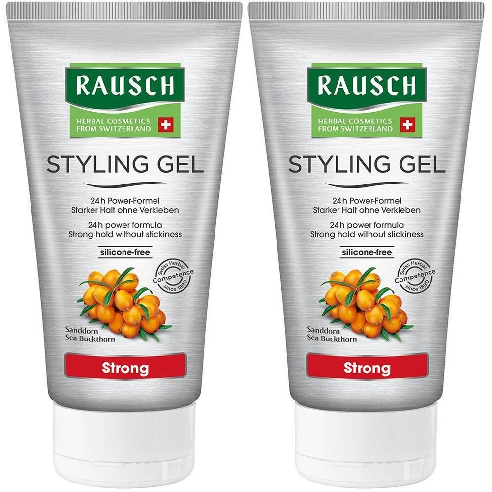 Zwei Tuben Styling Gel. Graue Tuben mit weißem Deckel. Text: RAUSCH, Styling Gel, Strong. Abbildung von Sanddorn.