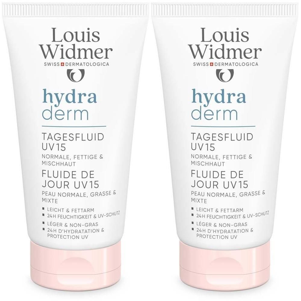 Zwei Tuben mit weißem Hintergrund. Auf jeder Tube steht "Louis Widmer hydra derm Tagesfluid UV 15". Rosa Verschlusskappe.
