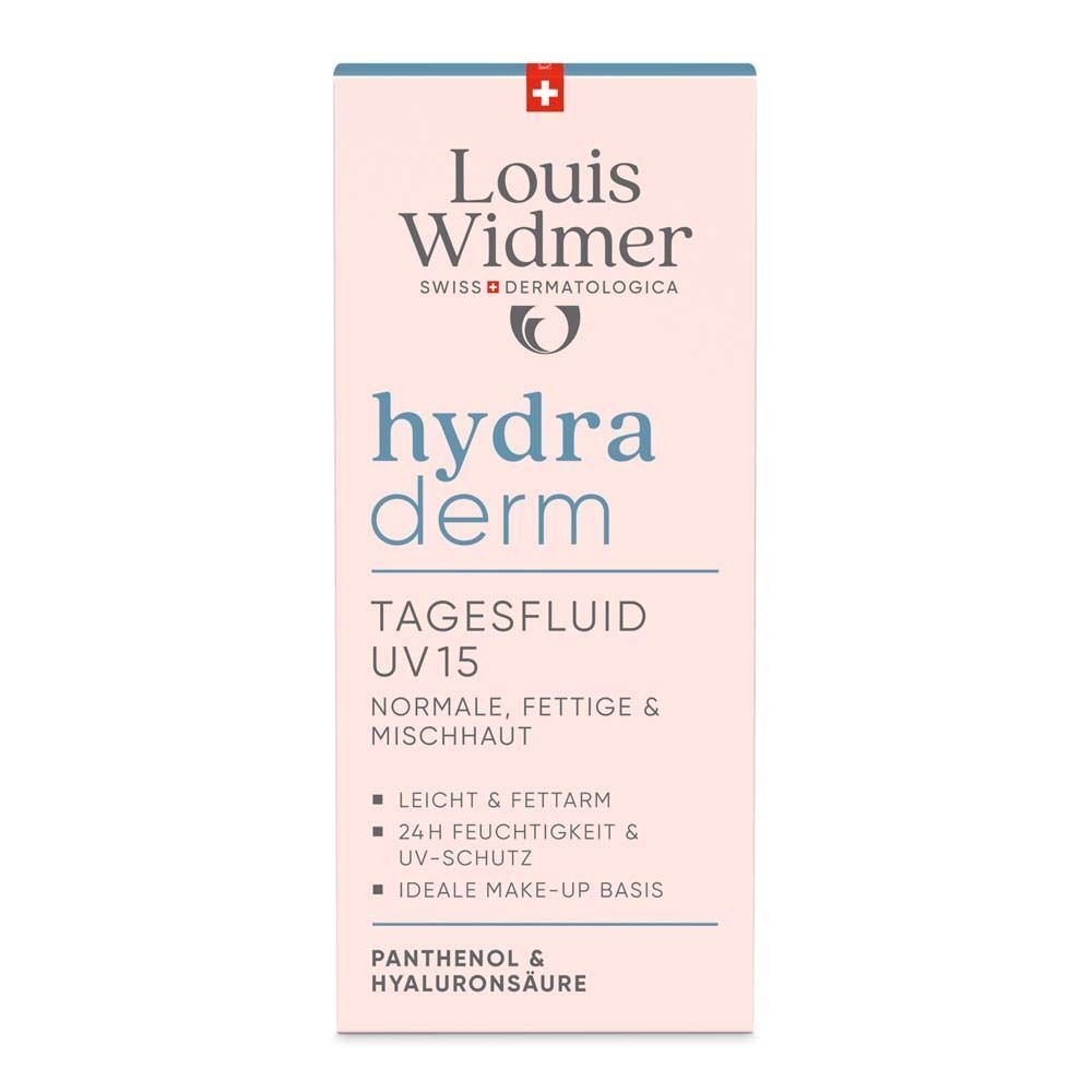 Produktverpackung. Auf rosa Hintergrund steht "Louis Widmer hydra derm Tagesfluid UV 15". Text und Logo.