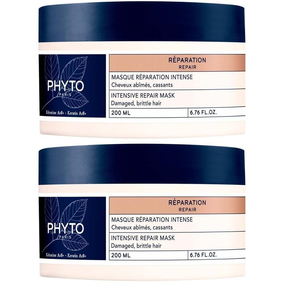 Zwei Tiegel PHYTO PARIS Repair Maske. Weiß-blauer Deckel, Produktbezeichnung und Text auf Etikett.