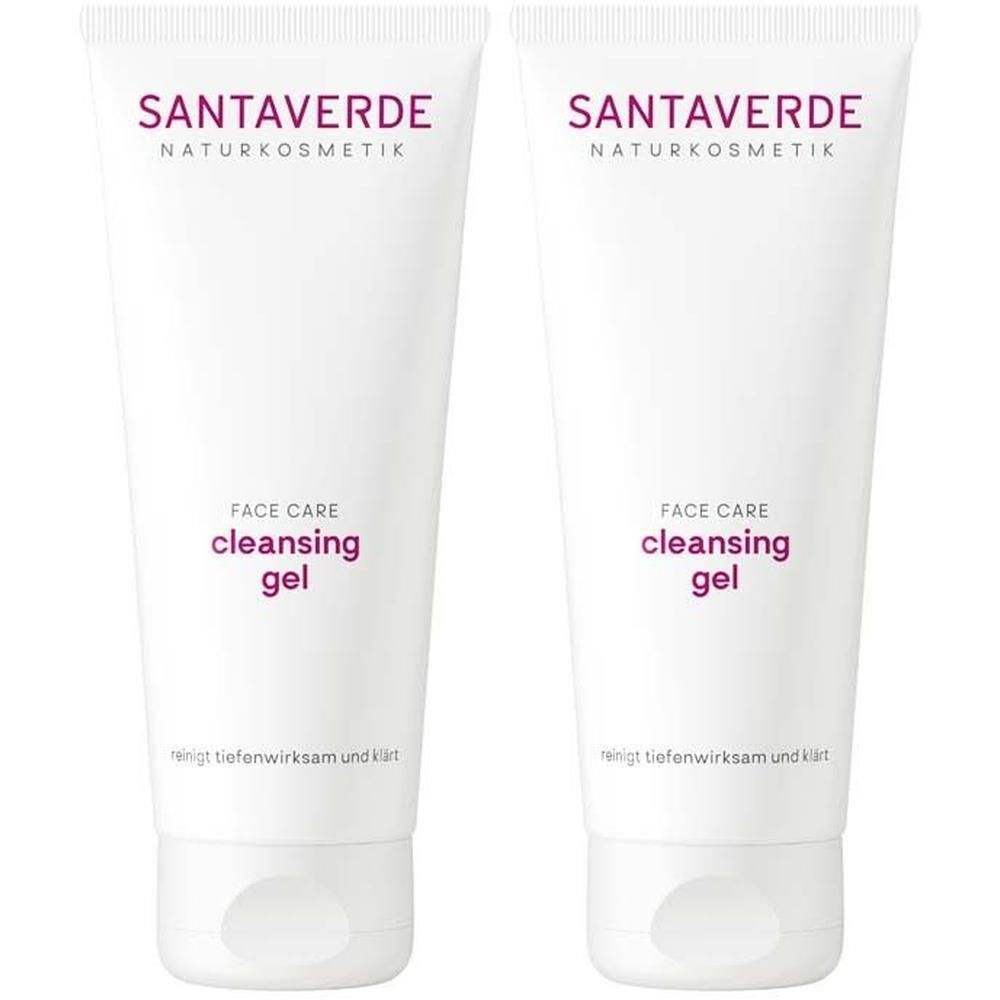 Zwei weiße Tuben mit SANTAVERDE-Logo und Text. Aufschrift: Face Care cleansing gel. Reinigt tiefenwirksam und klärt.
