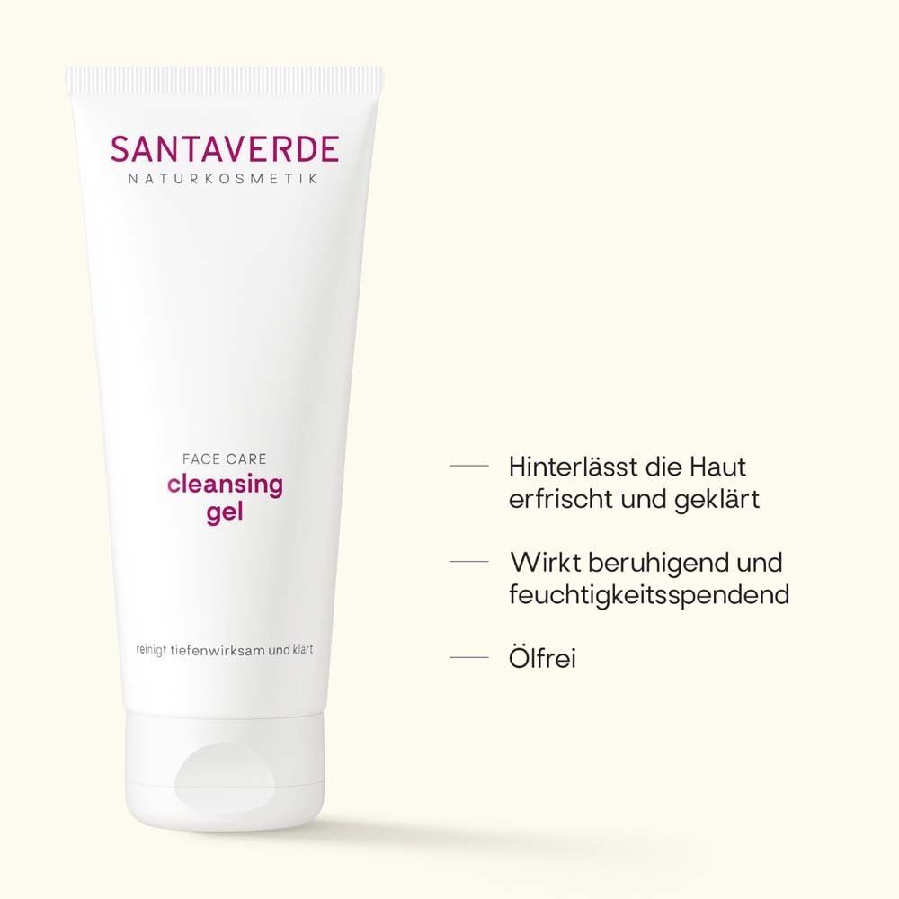Weiße Tube mit SANTAVERDE-Logo und Text. Aufschrift: Face Care cleansing gel. Text: Hinterlässt die Haut erfrischt und geklärt. Ölfrei.
