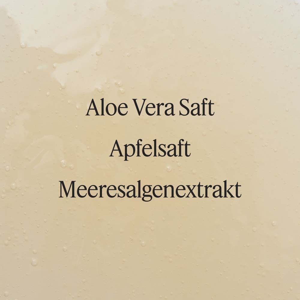Text auf beigem Hintergrund: Aloe Vera Saft, Apfelsaft, Meeresalgenextrakt.