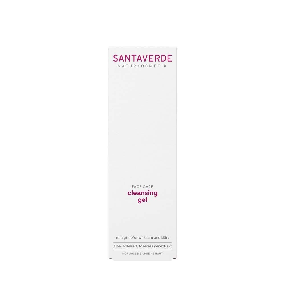 Weiße Verpackung mit SANTAVERDE-Logo und Text. Aufschrift: Face Care cleansing gel. Reinigt tiefenwirksam und klärt.