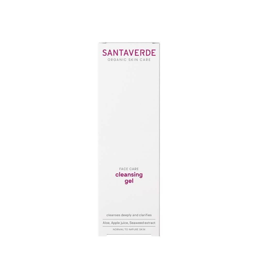 Weiße Verpackung mit SANTAVERDE-Logo und Text. Aufschrift: Face Care cleansing gel. Reinigt tiefenwirksam und klärt.