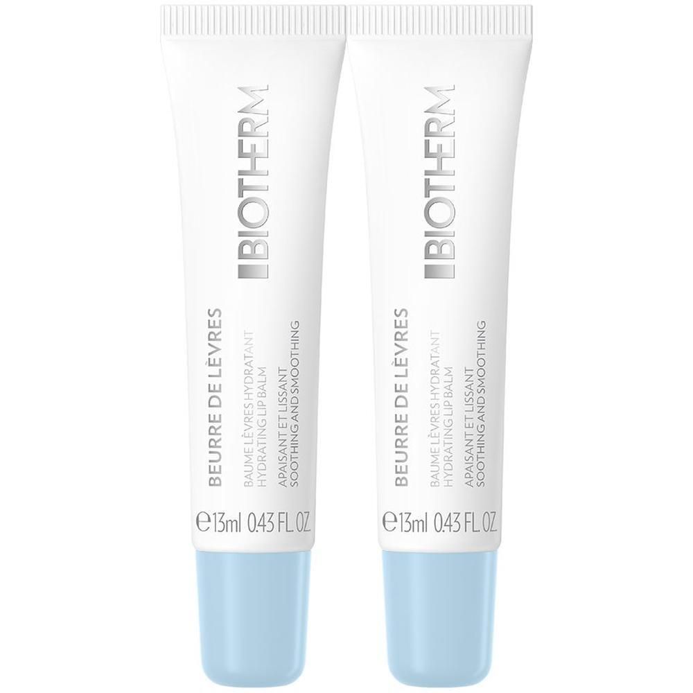 Zwei Tuben Lippenbalsam. Weiße Tuben mit blauem Verschluss. BIOTHERM-Logo und Produktbezeichnung.