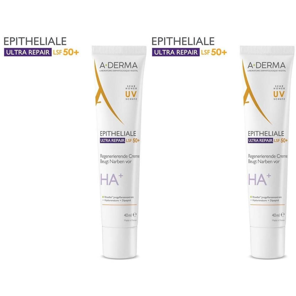 Drei Tuben A-DERMA EPITHELIALE ULTRA REPAIR LSF 50+ Creme. Weiße Tuben mit blauer und gelber Beschriftung.