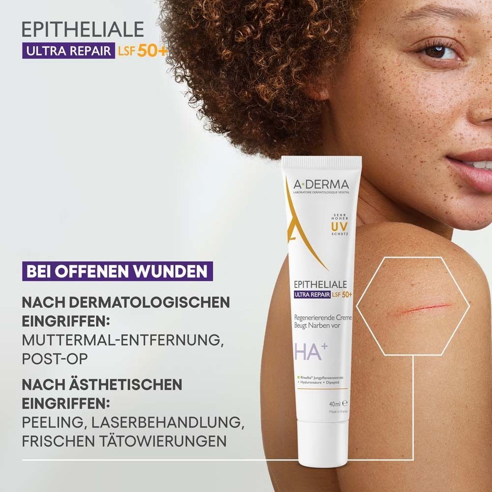 Person mit Hautausschnitt und Produkt. Text: Bei offenen Wunden, nach dermatologischen Eingriffen, nach ästhetischen Eingriffen.