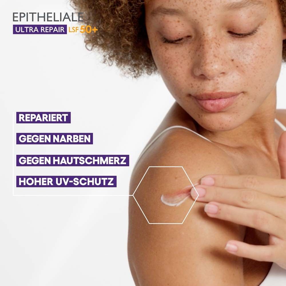 Person mit Hautausschnitt. Text: Repariert, gegen Narben, gegen Hautschmerz, hoher UV-Schutz.