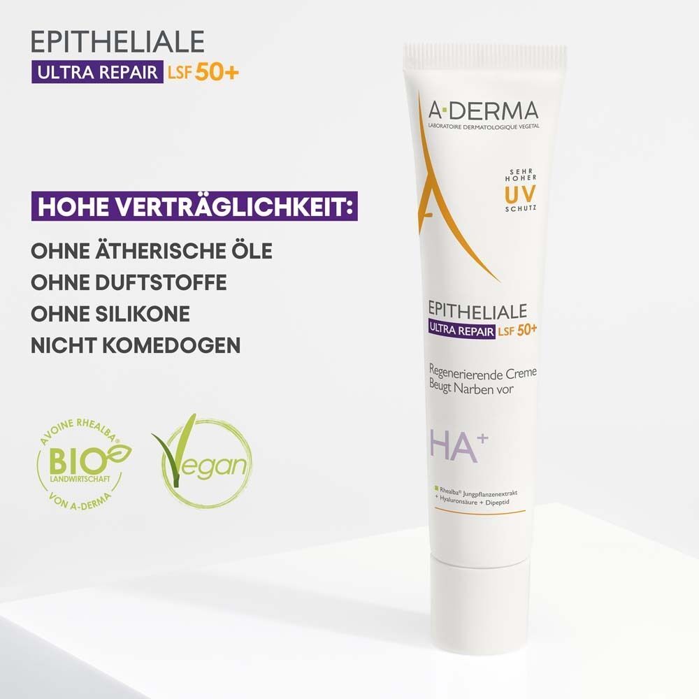 Tube A-DERMA EPITHELIALE ULTRA REPAIR LSF 50+. Text: Hohe Verträglichkeit: Ohne ätherische Öle, Duftstoffe, Silikone.