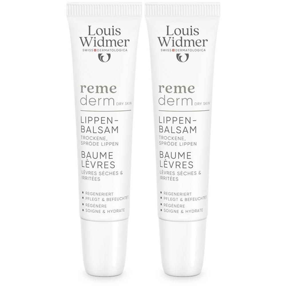 Zwei Tuben Lippenbalsam. Marke: Louis Widmer, Produkt: Remederm Dry Skin Lippenbalsam. Weiße Tuben mit Schriftzug.