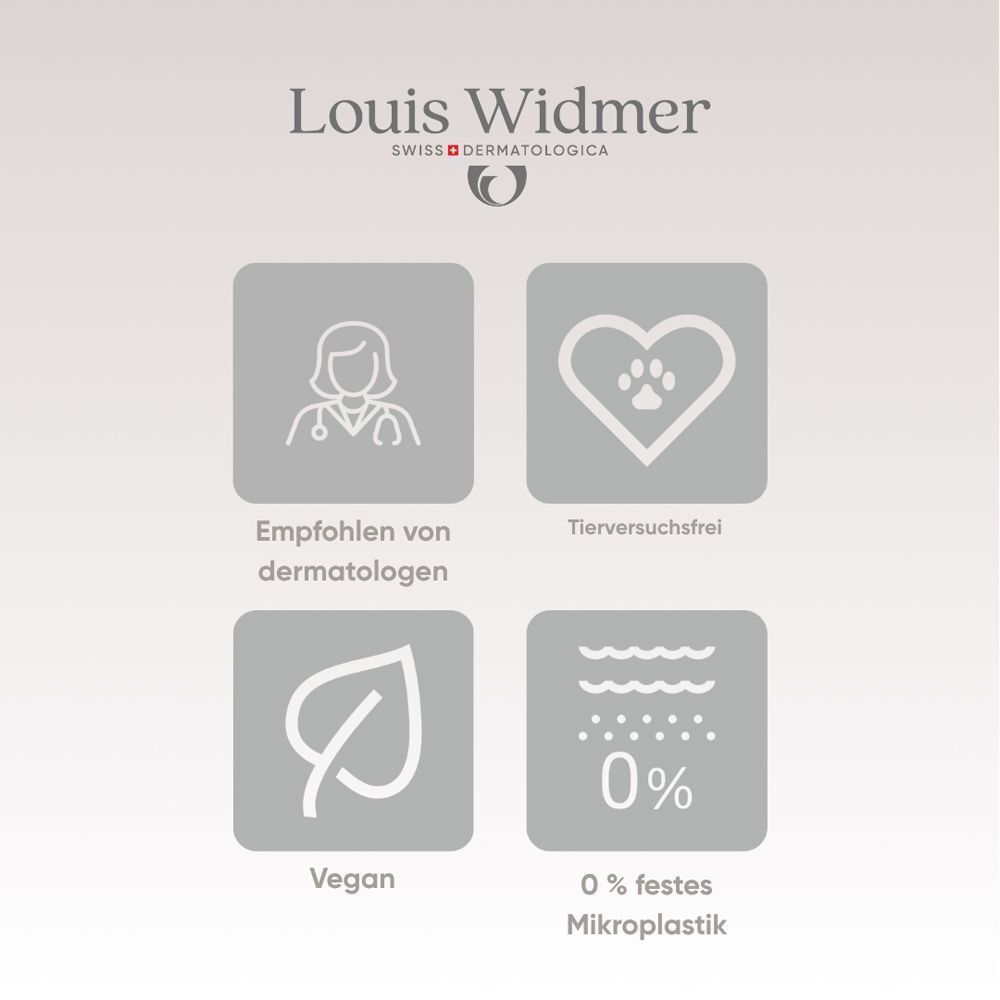 Logo Louis Widmer. Symbole: Dermatologen empfohlen, Tierversuchsfrei, Vegan, 0% festes Mikroplastik.