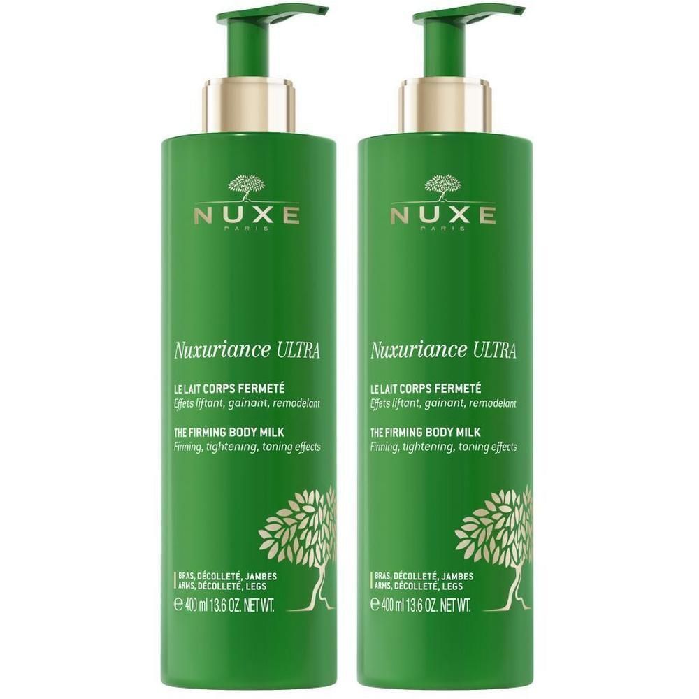 Zwei grüne Flaschen NUXE Nuxuriance Ultra Körpercreme mit Pumpverschluss. Aufschrift: Nuxuriance Ultra, Le Lait Corps Fermeté, The Firming Body Milk.