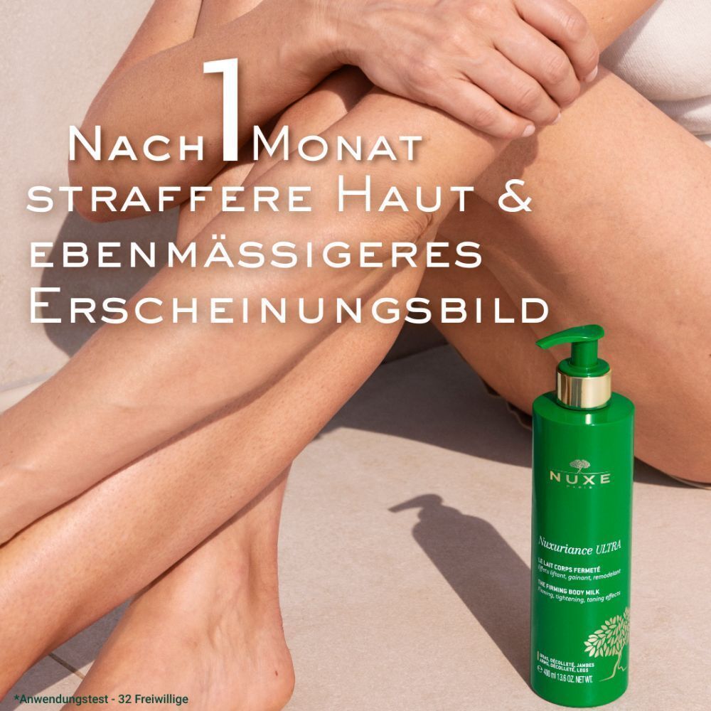 Beine einer Frau, daneben Flasche NUXE Nuxuriance Ultra. Text: Nach 1 Monat straffere Haut & ebenmäßigeres Erscheinungsbild.