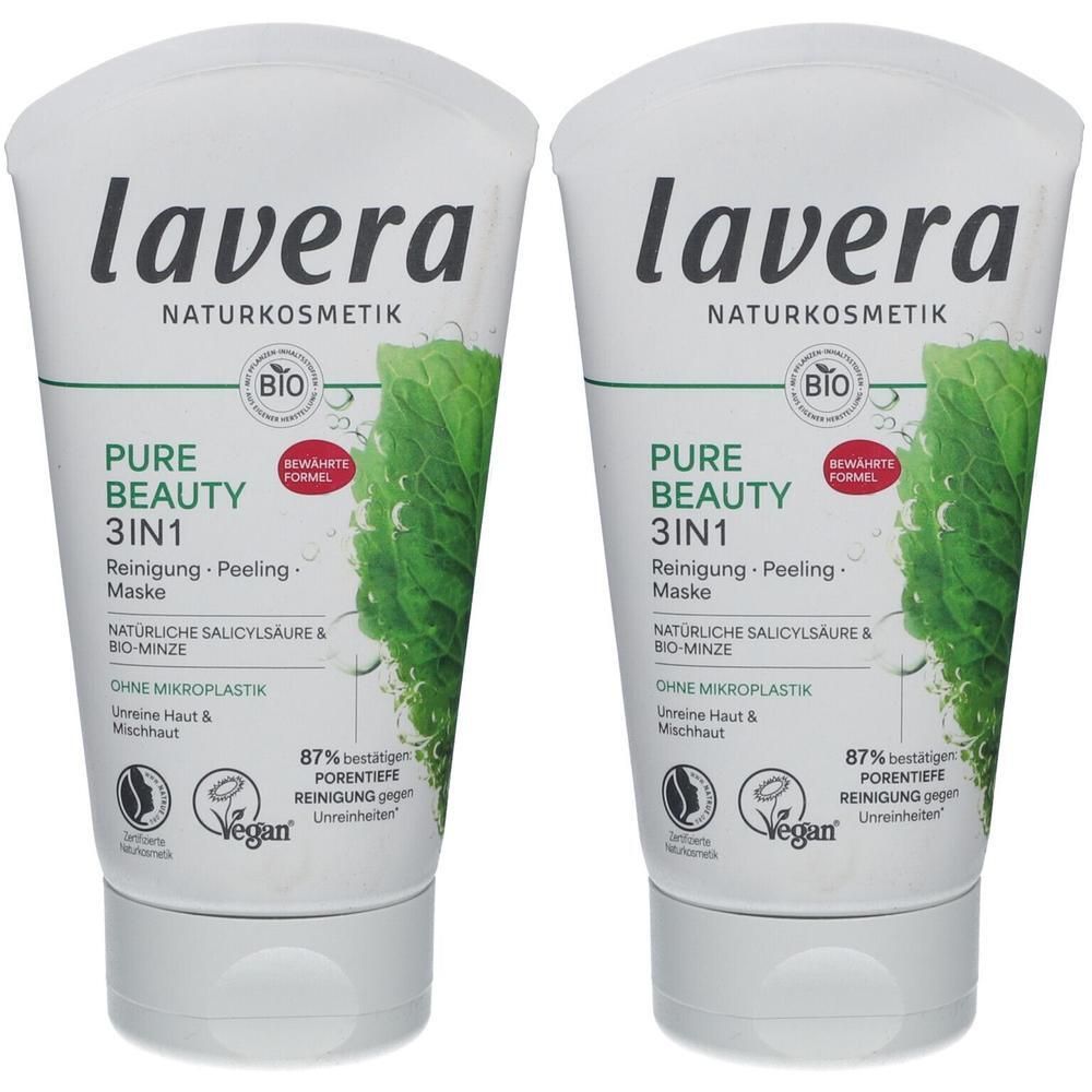 Zwei Tuben lavera® Pure Beauty 3in1. Weiße Tuben mit grünem Blattmotiv und Produktinformationen. Bio-Siegel.