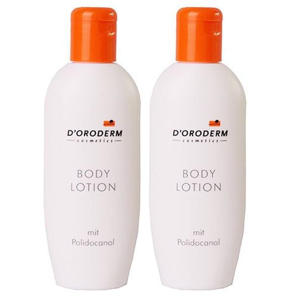 Zwei weiße Flaschen mit orangefarbenen Deckeln. Aufschrift: D'ORODERM, BODY LOTION, mit Polidocanol.