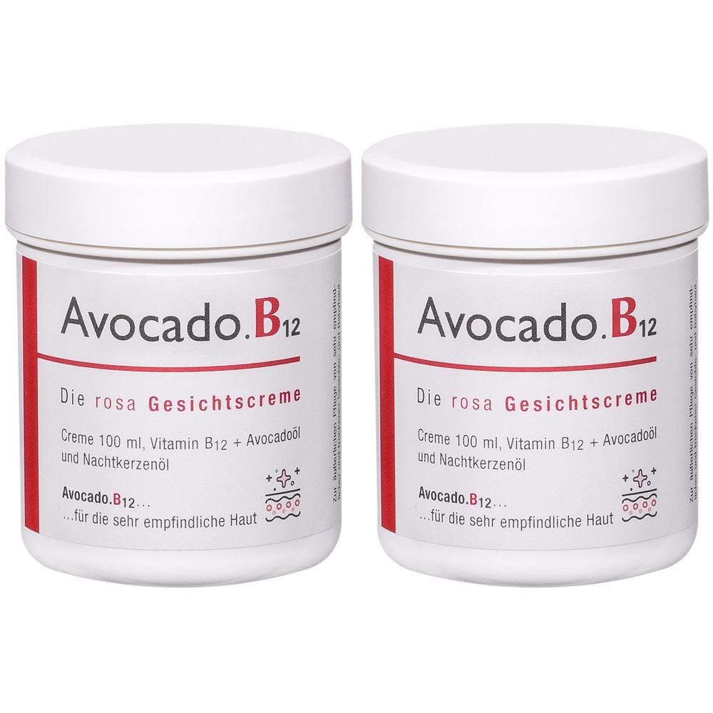 Zwei weiße Tiegel mit roter Beschriftung. Aufschrift: Avocado.B12, Die rosa Gesichtscreme. Aufkleber mit Produktinformationen.