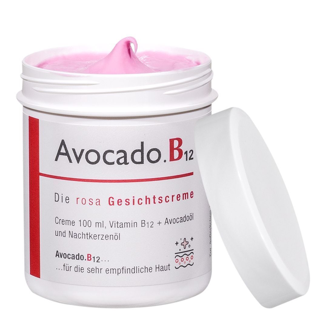 Weißer Tiegel mit rosa Creme. Aufschrift: Avocado.B12, Die rosa Gesichtscreme. Deckel daneben.